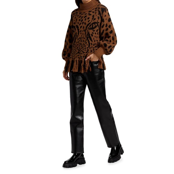 Farm Rio Leopard Fringe Sweater S Turtleneck Pullover Brown Black Knit Wool New - Picture 6 of 11